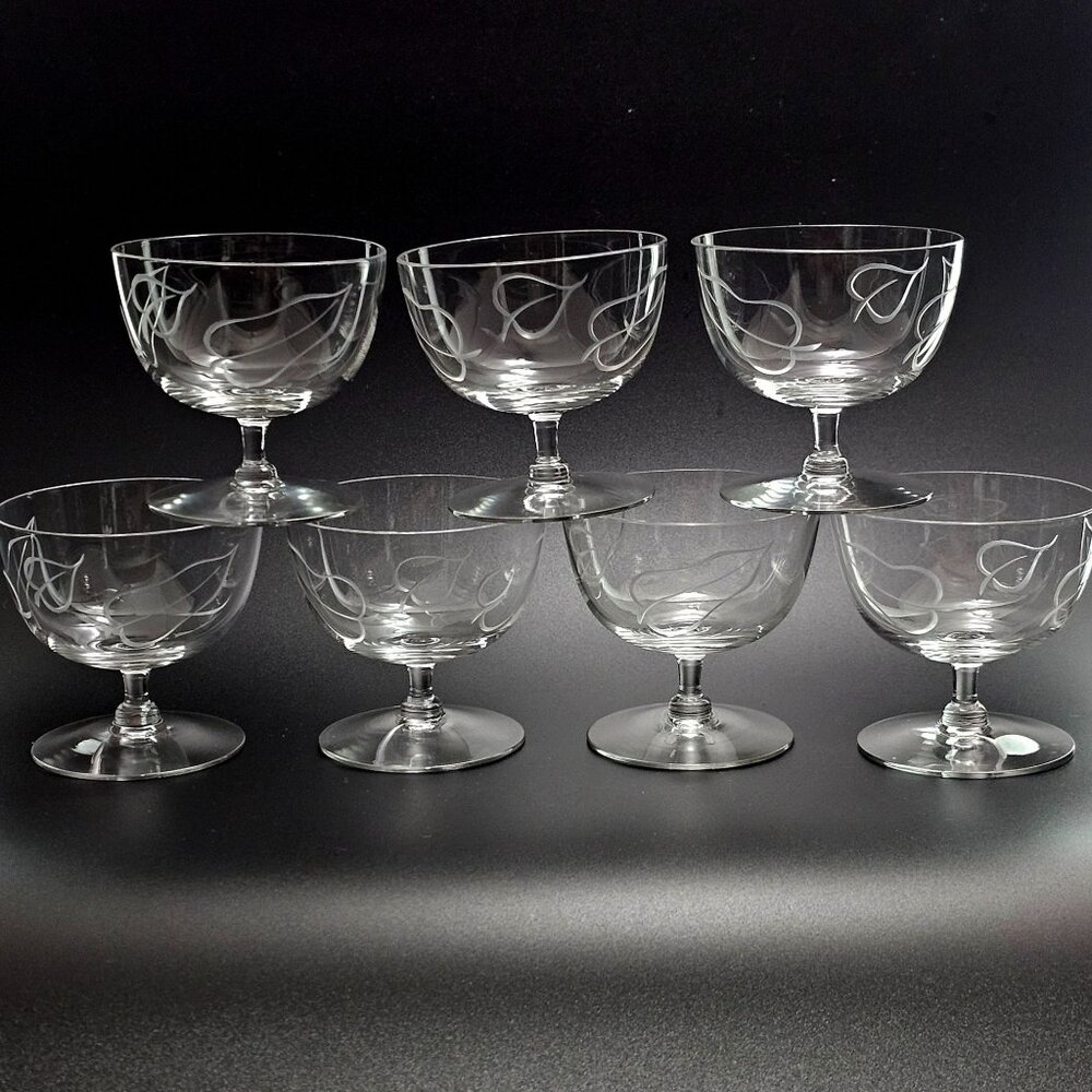 7 Seneca Etched Leaves Cocktail Liqueur Coupe Glasses 2.75" vtg tasting sherbet